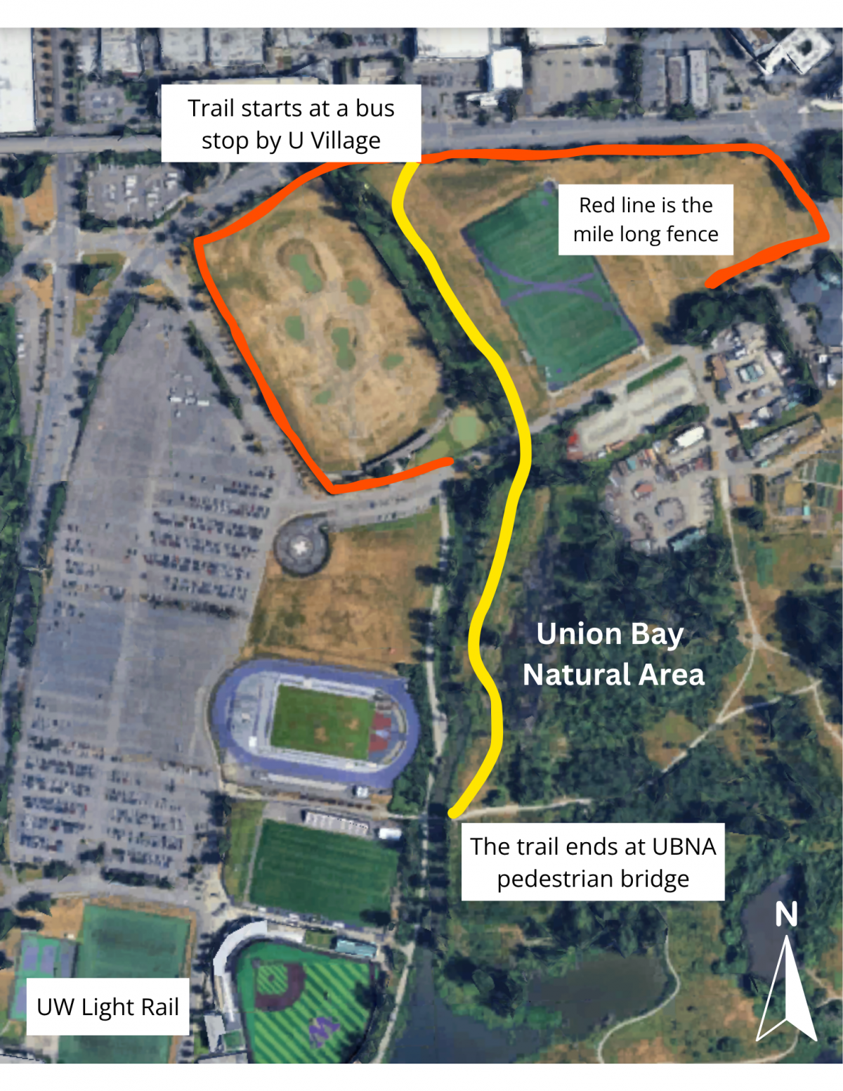 Figure 1. Proposed Trail Highlights the existing fence barrier and proposed trail location.